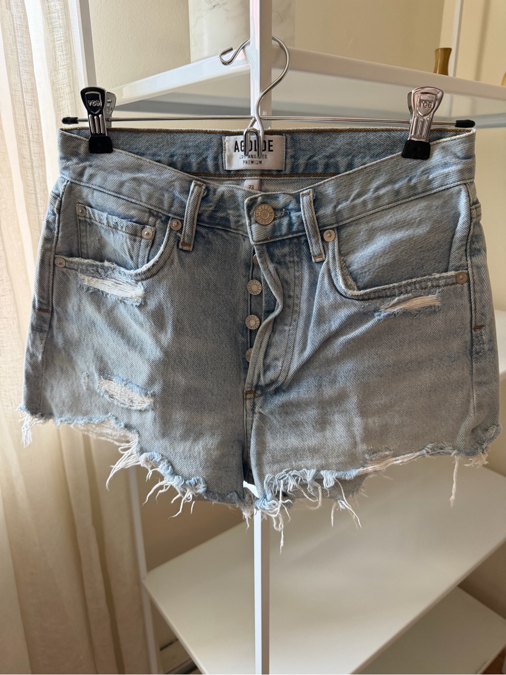 Agolde Light Blue Distressed High-Rise Denim Shorts
